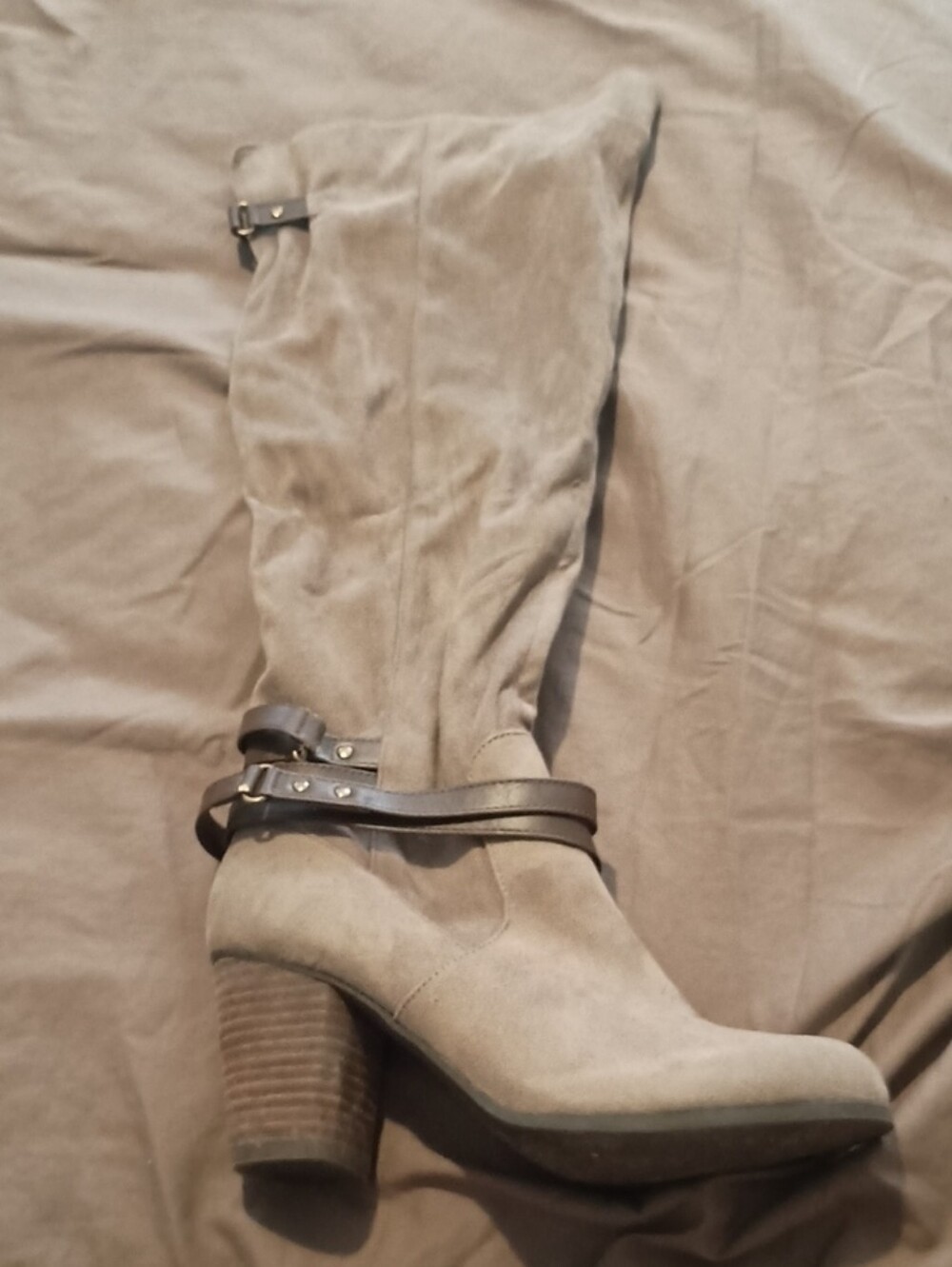 Report Taupe Suede Mid-Calf Heeled Boots with Brown Strap
